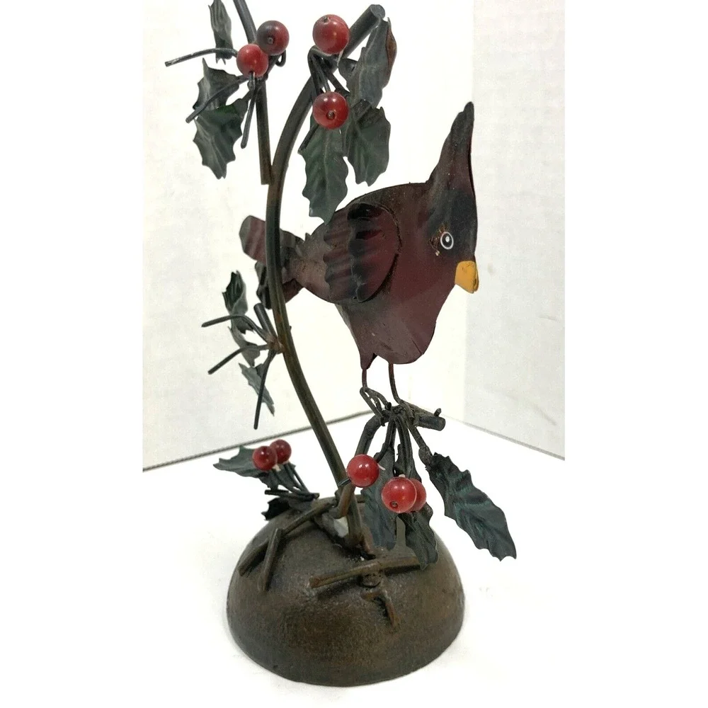 Vintage Metal Winter Cardinal and Holly Leaves Cast Iron Base Figure 7